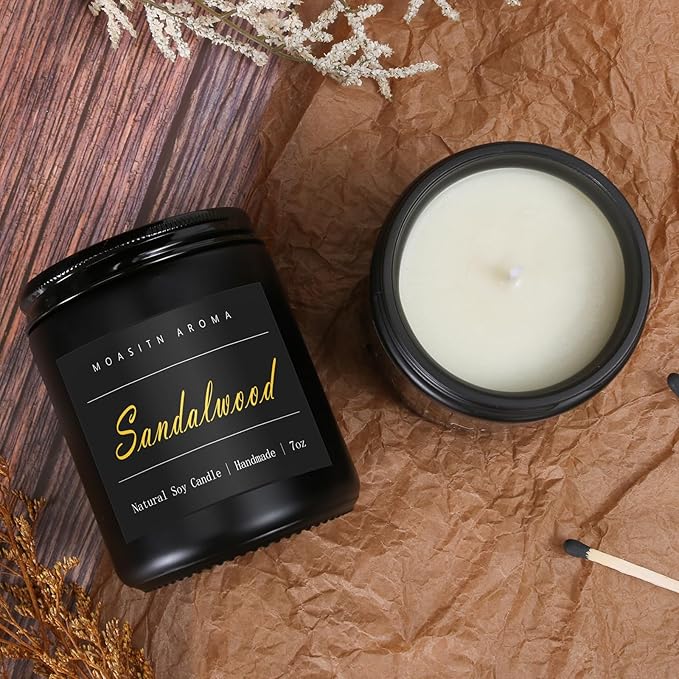 MOASITN Sandalwood Scented Candles for Home| Leather,Sandalwood,Amber Scented Soy Candle| Handmade Longlasting Aromatherapy Candle| Jar Candel Gift for Women,Men for Spring,Birthday,Relaxing|7oz - Bloomnest