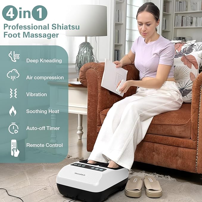 Shiatsu Foot Massager with Heat, Deep Kneading Electric Foot Massager Machine for Plantar Fasciitis Neuropathy with Remote Control, Adjustable Vibration and Compression