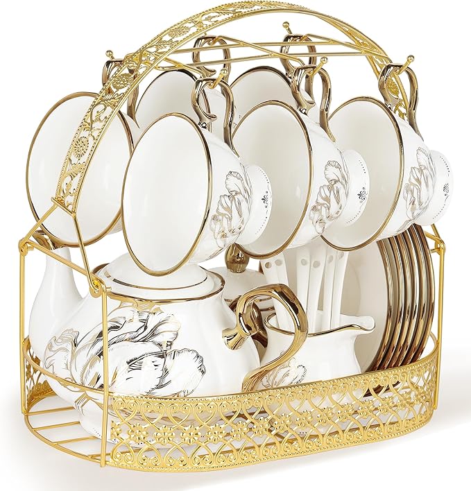 fanquare British Porcelain Tea Coffee Set 22 Piece New Bone China Gold Tulip Tea Service for Afternoon Tea, 6 TeaCup and Saucers with Metal Holder for Home Wedding Birthday - Bloomnest