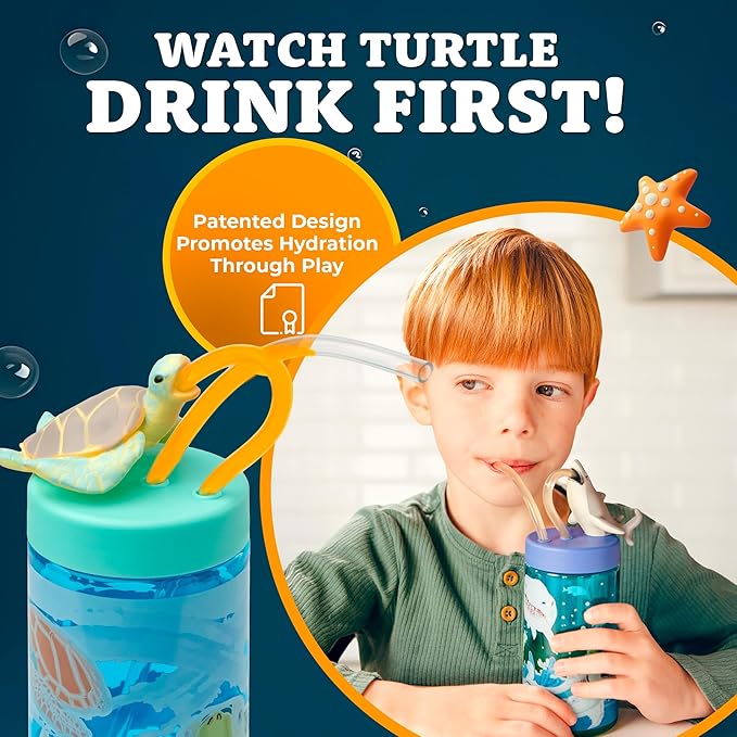 Kids Water Bottle, Toddler Cups, Tumbler with Lid and Straw, Travel Sippy Cup for Water or Milk, Kids Cups with Lids for Toddlers 3 and Up, BPA Free Plastic, 12 oz (Sealife Sea Turtle) - Bloomnest