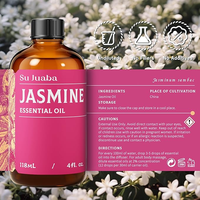 SU JUABA Jasmine Essential Oil 4 Oz, 100% Pure Natural Aromatherapy Oil for Diffuser, Skin Care, Hair & Perfume Making - 118ML Bloomnest