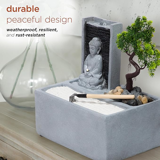 Alpine Corporation DIG278 13" Indoor/Outdoor Tabletop Fountain with LED Lights, Buddha Bonsai Garden Water Feature for Home, Patio & Desk Décor, Gray - Bloomnest