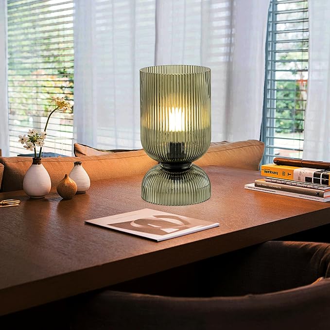 Modern RGB Glass Table Lamp with Remote，Color Changing Bedside Lamp with Green Glass Shade, 16 Colors, On/Off Cord Switch, Nightstand Lamp for Bedroom, Living Room, Office,Bulb Included - Bloomnest