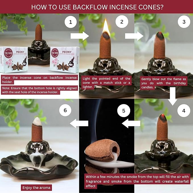 Peony Backflow Incense Cones - Total 20 Incense Cones Waterfall - Dual Pack of 10 Incense Backflow Cones - Waterfall Incense Cones - Incense Waterfall Cones TRUMIRI
