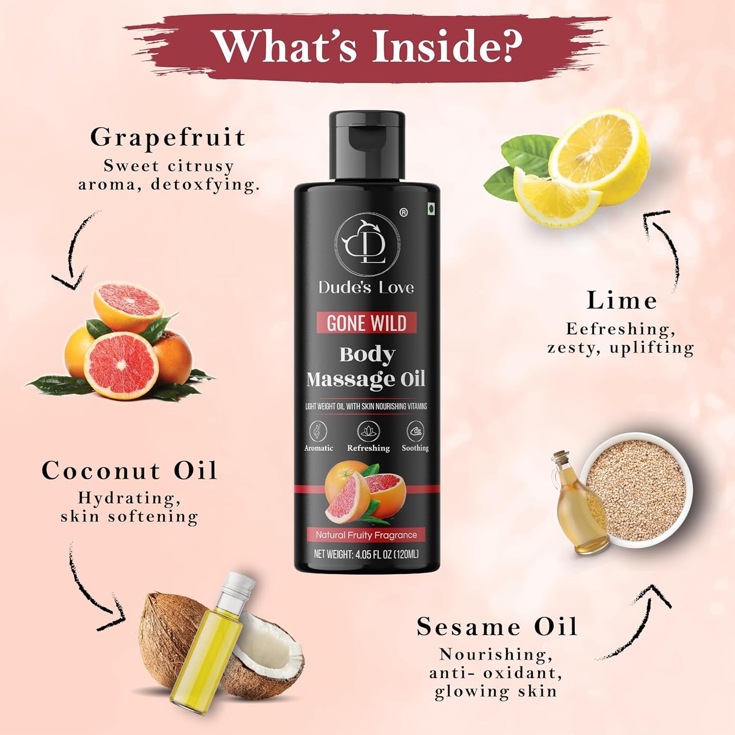 Organic - Grapefruit Full Edible Body Massage Oil - Refreshing, Calming | No Stain & Non-Sticky | with Fractionated Coconut Oil, Grapefruit & Lime Oil - 4.05 Fl Oz