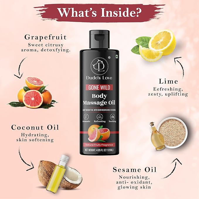 Organic - Grapefruit Full Edible Body Massage Oil - Refreshing, Calming | No Stain & Non-Sticky | with Fractionated Coconut Oil, Grapefruit & Lime Oil - 4.05 Fl Oz - Bloomnest