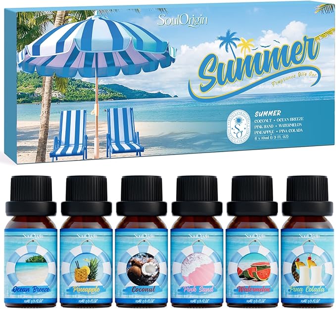 Summer Essential Oils Set, Fragrance Oil Gift Set for Oil Diffusers, Scented Oils for Soap Candle Making 6x10ml - Sea Breeze, Pineapple, Watermelon, Coconut, Pink Beach, and Pina Colada - Bloomnest