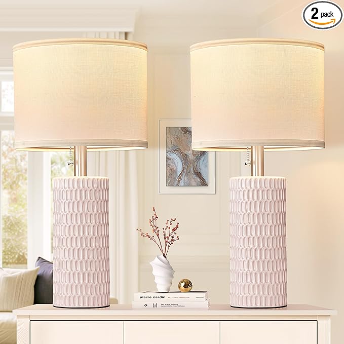 Table Lamps for Living Room Set of 2, Ceramic Table Lamps for Bedroom, 20" Modern Lamps for Night Stands, Pink - Bloomnest