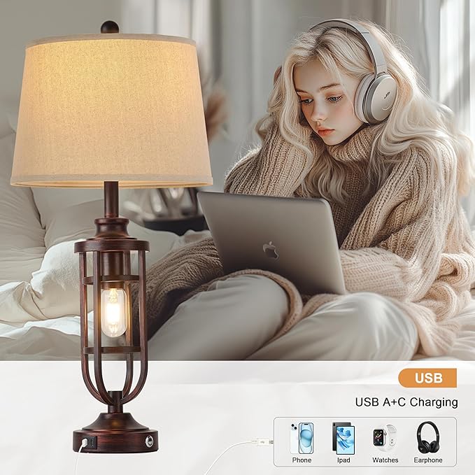 28" Table Lamps for Living Room Set of 2, Farmhouse Bedroom Lamps for Nightstand with USB A+C, Rustic Bedside Lamps for End Tables, Bulbs Included - Bloomnest