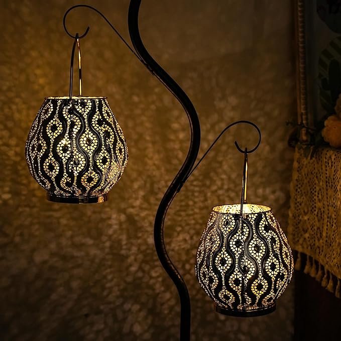 TRIROCKS Set of 2 Moroccan Decorative Lamps 8'' High Cordless Lamp Metal Table Lamps with Fairy Lights Bulb for Home Living Room Garden Yard Party Events Tabletop Indoor Outdoor(Gold) - Bloomnest