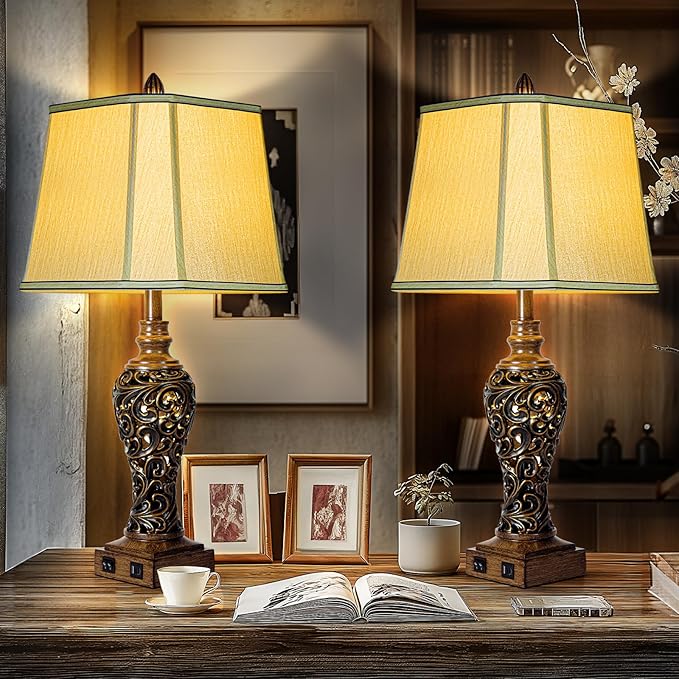 28.5'' Tall Farmhouse Vintage Table Lamp Set of 2 with Faux Silk Shade USB Ports Nightlight Decor for Bedside Living Room Bedroom Nightstands Office Home, Dark Bronze(Bulbs Included) - Bloomnest