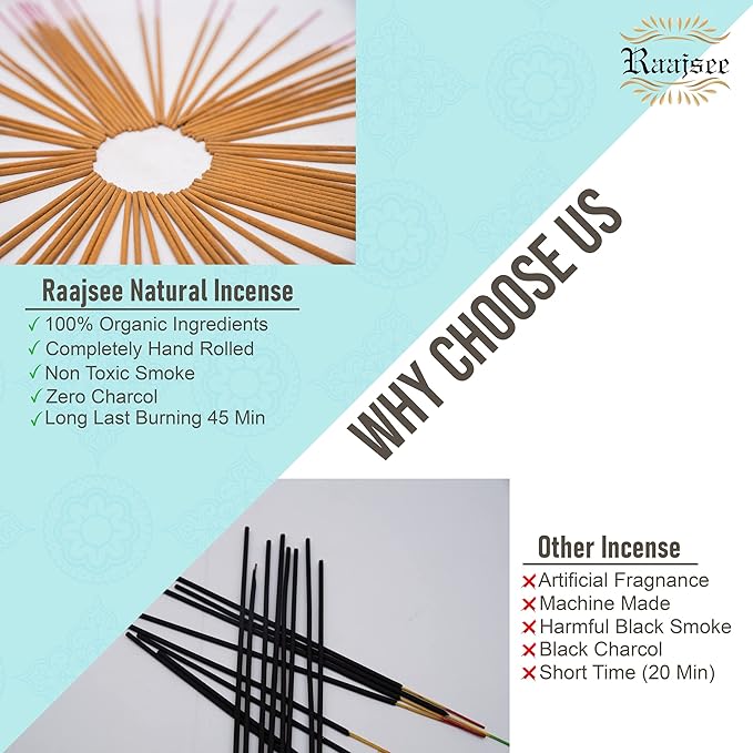Raajsee Natural Incense Sticks,6 Pack Mixed Scents Gift Pack 15 gm Each (90 gm Total), Insense Sticks Variety Pack, 100% Organic Non Toxic Natural - Hand Rolled Free from Chemicals RAAJSEE