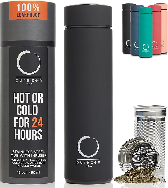 Pure Zen Tea Thermos with Infuser for Hot and Cold Infusions, Coffee and Fruit-Infused Water - Stainless Steel - Tea Infuser Bottle - Leakproof Travel Mug with Filter - 15oz - Black - Bloomnest
