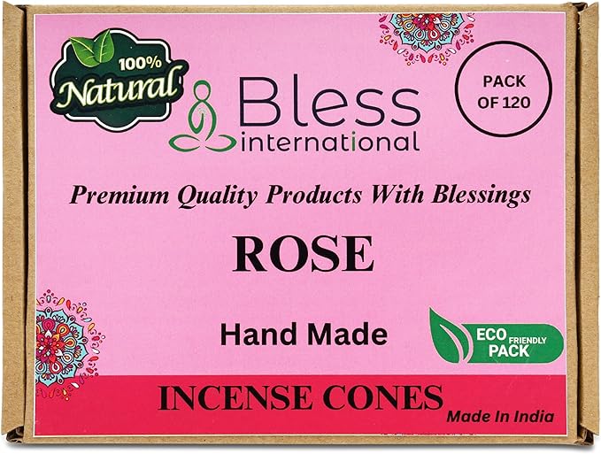 Bless International Rose 100%-Natural-Incense-Cones Handmade-Hand-Dipped Organic-Chemicals-Free for-Purification-Relaxation-Positivity-Yoga-Meditation The-Best-scents (120 Count)