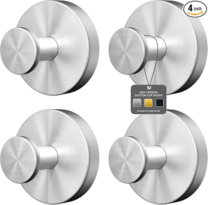 Shower Suction Cup Hooks, Heavy Duty Bathroom Wall Hooks for Towels, Robes, Loofahs, Removable Metal Hook for Tile Glass Mirror, No Drill(4 Pack, Silver) - Bloomnest