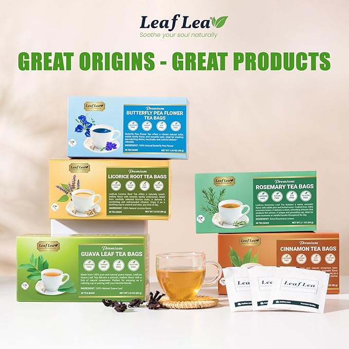 LeafLea 80 Rosemary Leaf Tea Bags, 100% Pure Rosemary Herbal Tea, Gentle Digestive Comfort & Relaxing, Te De Romero Featuring Subtle, Natural Flavor, Caffeine-Free, Sugar-Free, Non-GMO, Vegan - Bloomnest