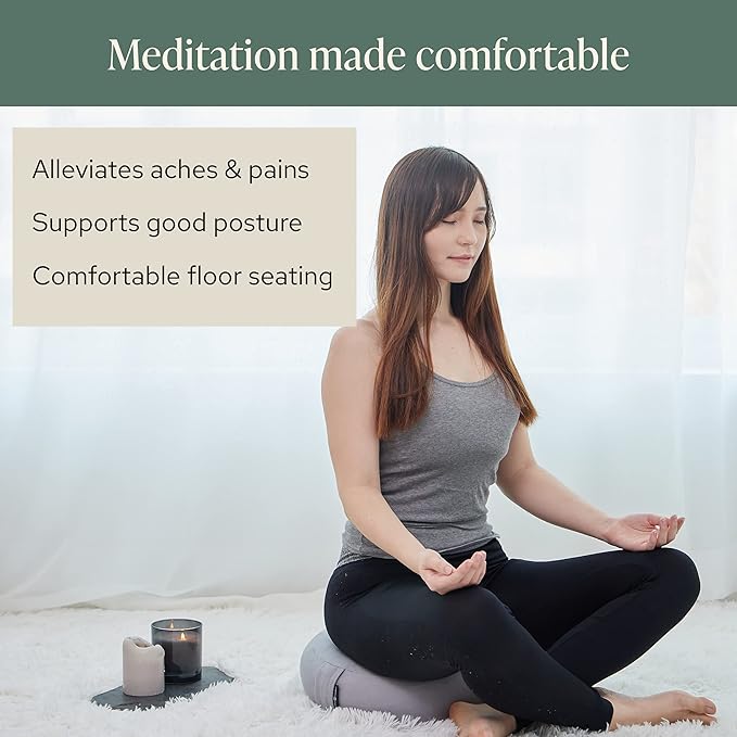 Mindful & Modern Large Meditation Cushion | Zafu Yoga Bolster Meditation Floor Pillow Seat | Buckwheat Hull Filled Crescent Shaped Cushion with Removable Washable Cover + Carry Handle - Bloomnest