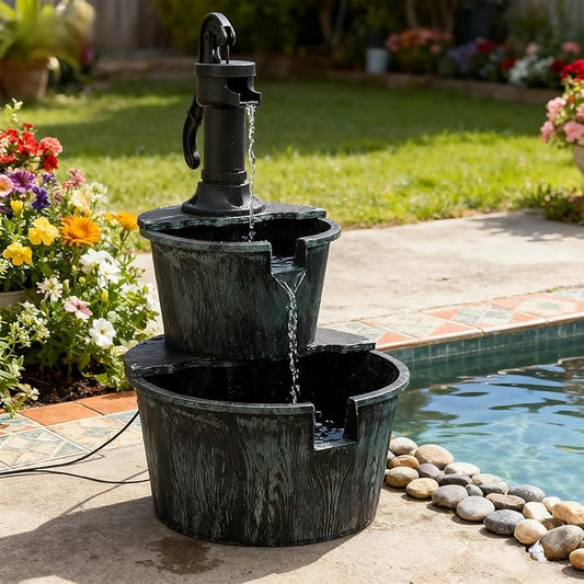Athena Collection 27'' Height Electric Waterfall Fountain 2 Tier Stepped Barrel Vintage Fountain Polypropylene with Pump Freestanding Floor Tabletop Fountain for Outside, Patio, Garden, Green - Bloomnest