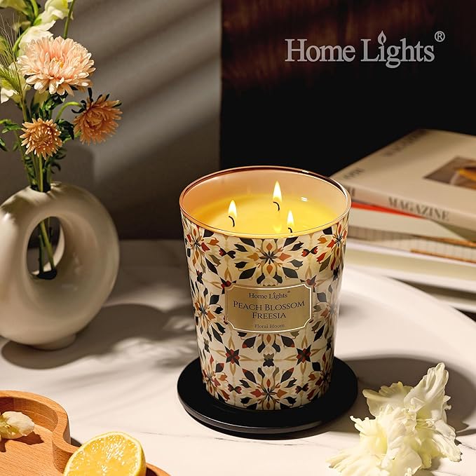 HomeLights 3-Wick Candles for Home Scented - 34oz Soy Wax Blend Candle Long-Lasting Fragrance, Bohemian Natural Textures Home Decor and Housewarming Gifts, Peach Blossom Freesia - Bloomnest