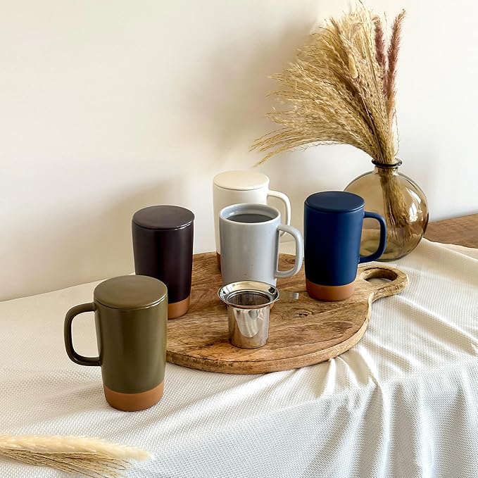 Mora Ceramics Large Tea Mug with Loose Leaf Infuser and Ceramic Lid, 18 oz, Portable, Microwave, Dishwasher Safe, Tall Coffee Cup - Rustic Matte Ceramic Glaze, Modern Herbal Tea Strainer, Nightwaves - Bloomnest