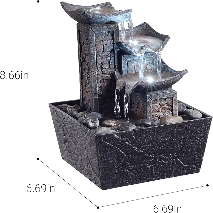 Tabletop Fountain Indoor Waterfall – 3-Tier Black Zen Decor with Pebble Base, White LED Light, Water Pump & On/Off Switch – Desktop Feng Shui Relaxation Gift for Home or Office (21110B) - Bloomnest