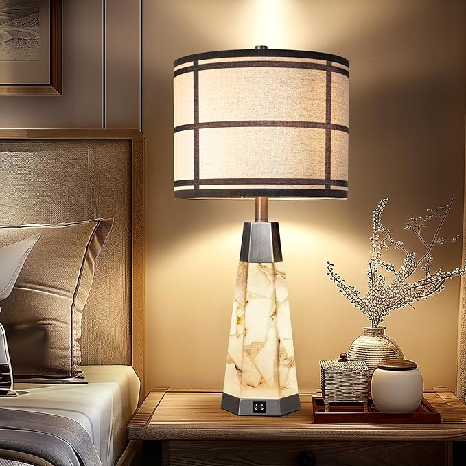 27" Natural Alabaster Table Lamps for Living Room, Bedroom Lamps Set of 2 with Night Light, Living Room Lamps with USB A+C Ports, Table Lamp with Linen Shade for Bedside (Bulbs Included) - Bloomnest