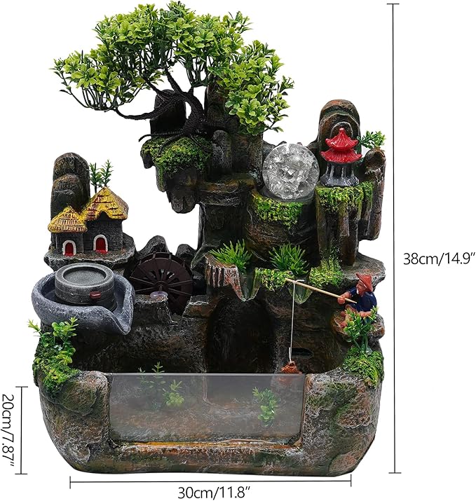 Gdrasuya10 110V Desktop Fountain Fish Tank Mini Waterfall with Fisherman, LED Lighting Fountain Simulation Resin Rockery Water Fountain Bonsai Ornaments for Home, Office, Bedroom, Desk - Bloomnest