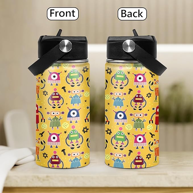 Kids Water Bottle with Straw Robot Insulated Water Bottles 12oz Stainless Steel Travel School Tumbler Double Wall Vacuum Cup for Boys Kid - Bloomnest