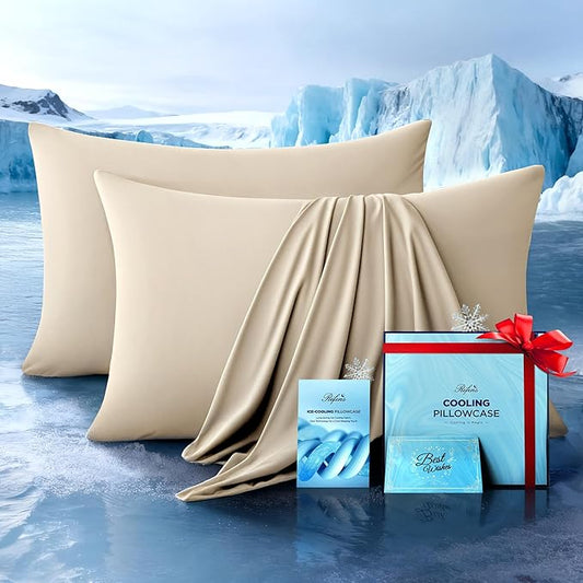 Ultra-Chill Cooling Pillowcase Set of 2 for Hot Sleepers, Softer Than Silk Pillow Cases for Protecting Hair & Skin, Breathable Bed Pillow Covers w/Zipper, Gifts for Women Men(Beige, Standard) - Bloomnest