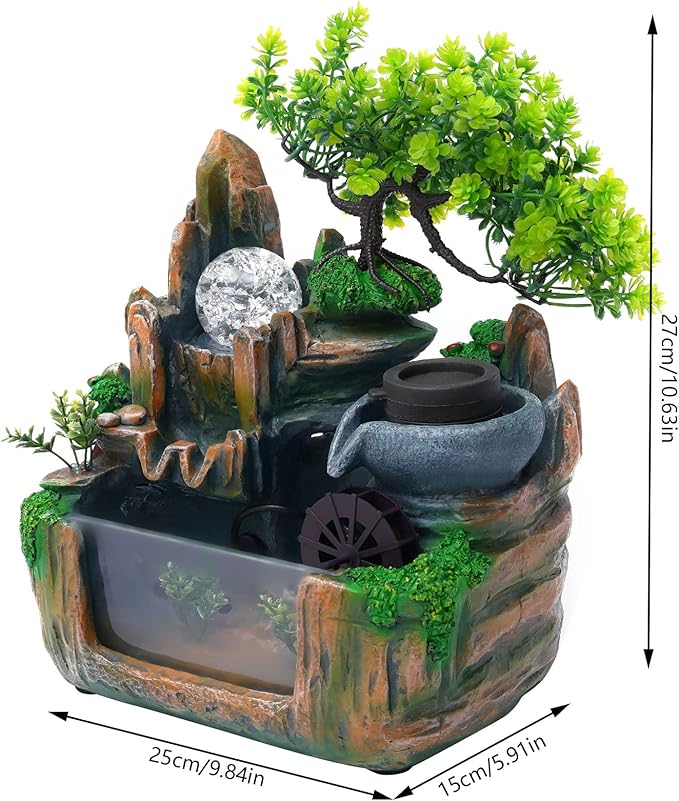 Gdrasuya10 Indoor Fountain, Tabletop Rockery Fountain with LED Lights, Goldfish Waterfall, Durable Resin Material, Ideal for Office, Home, Bedroom