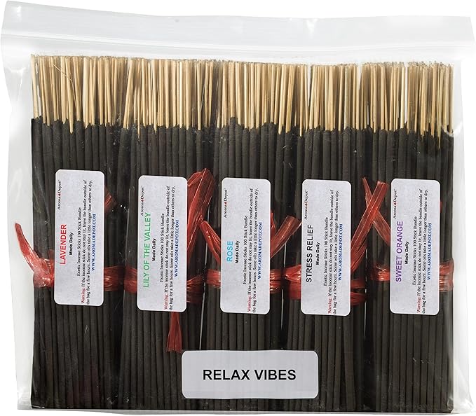 Relax Vibes 7'' Incense Sticks - Variety Set 500 Pack - 7 inch - 5 Bundles 100 Sticks Per Fragrance Scent. Set Features Lavender, Lily of The Valley, Rose, Stress Relief, Sweet Orange AromaDepotInc