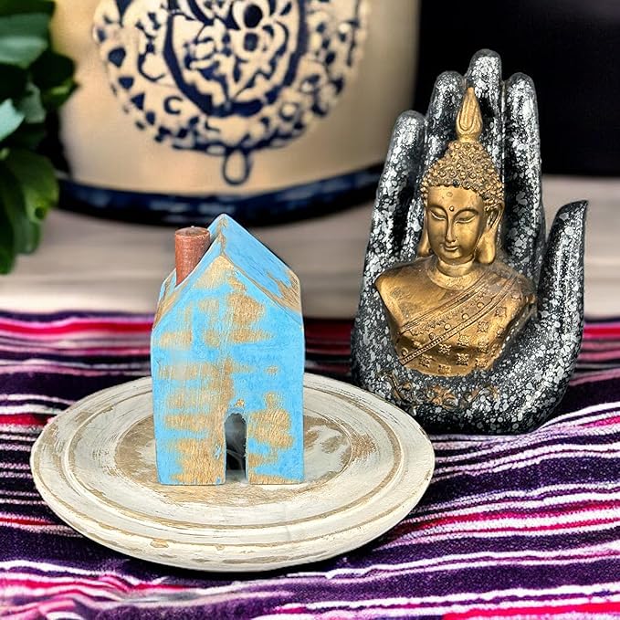 S.B ARTS Incense Holder for Sticks, Insence Stick Holder Ash Catcher for Table Decorations and Gifting - Wooden Incense Tray for Sticks - Home Decor Gifts (Blue Hut) - Bloomnest