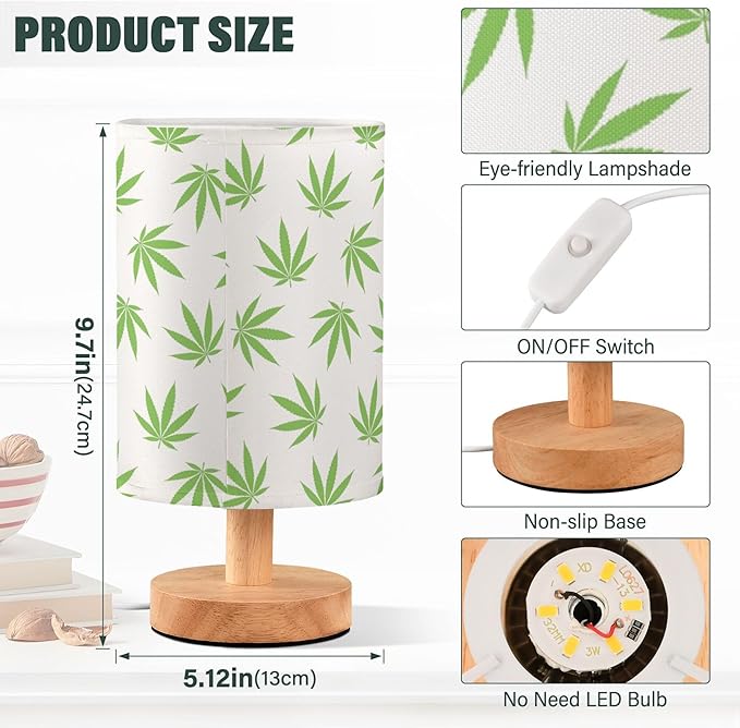 Table Lamp Green Marijuana Leaf Cannabis Weed Leaves on White Nightstand Lamp with Wood Base Fabric Lamp Shade Bedside Desk Lamp for Living Room Bedroom Kids Room Office - Bloomnest