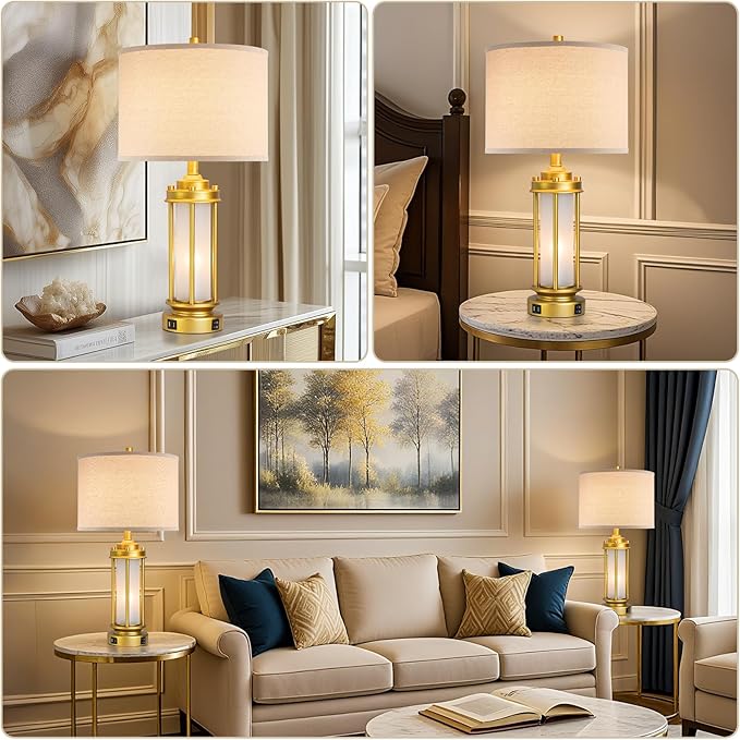 Set of 2 Modern Table Lamps for Living Room, Farmhouse Vintage Bedside Lamp with 2 USB Ports Glass Nightlight, Gold Nightstand Desk Lamps for Entryway Bedroom Dresser, 4 Bulbs Included - Bloomnest