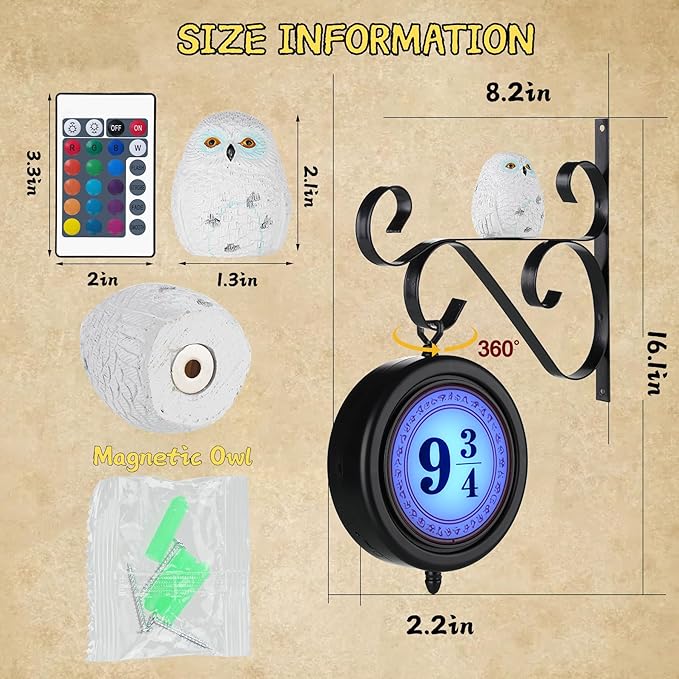 Platform Sign Lamp with Owl, Vintage Hanging Halloween Decorations, RGB 16 Color Dimmable Night Light, Home Room Decor, Gift for Christmas, Birthday or Movie Fan Magic Lamp Kids Gift - Bloomnest