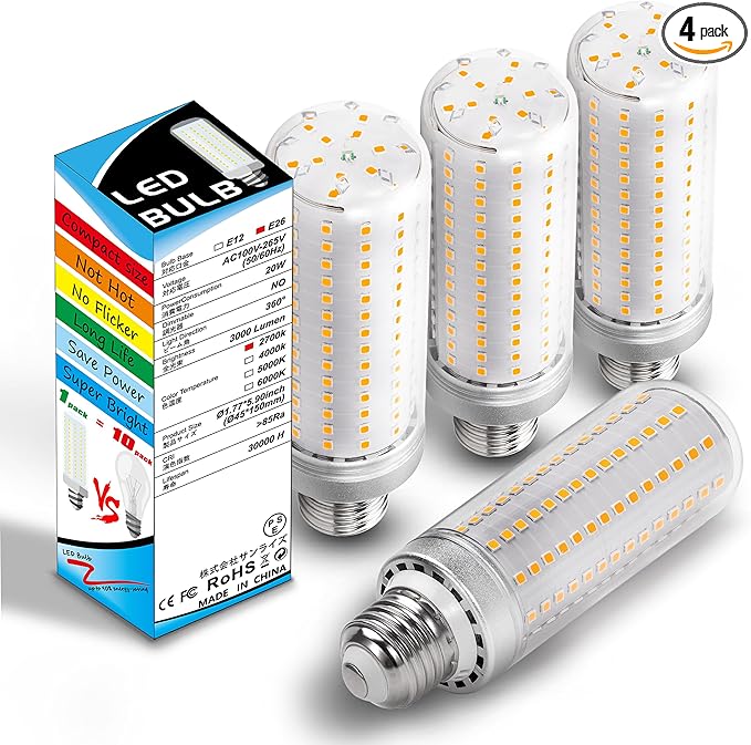 Big 1.77x 5.9 inch E26 Medium Base 200w Replacement LED Corn Bulbs, 2700K Warm White,3000 Lumen E26 E27 20W LED Candelabra Ceiling Fan Light Bulbs for Home Garage Warehouse Indoor, Non-dimmable,4 Pack - Bloomnest