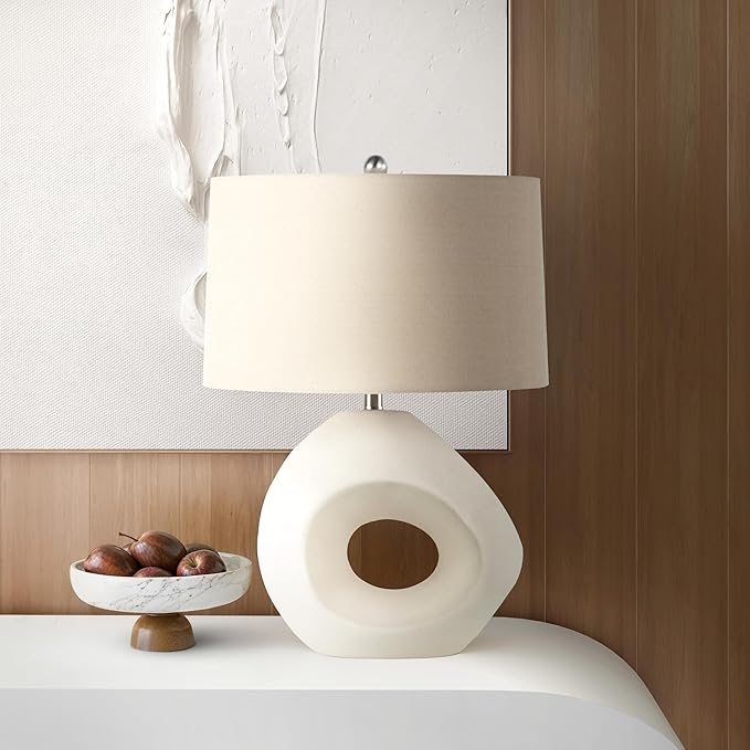 Abani Table Lamp Iris Sculptural 23” – Modern Organic Cream Ceramic Open-Circle Base with Grey Linen Shade – E26 Bulb Included – Stylish Desk Lamp for Bedroom, Living Room Lamp, Dorm or Nightstand - Bloomnest