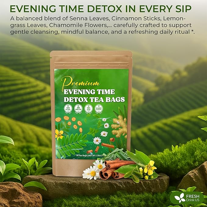 FreshDrinkUS, Evening Time Detox Herbal Tea – 30 Tea Bags – Caffeine-Free Blend with Senna, Peppermint, Chamomile, Licorice, Ginger, Reishi Mushroom – Relaxing Herbal Infusion – Non-GMO & Natural - Bloomnest
