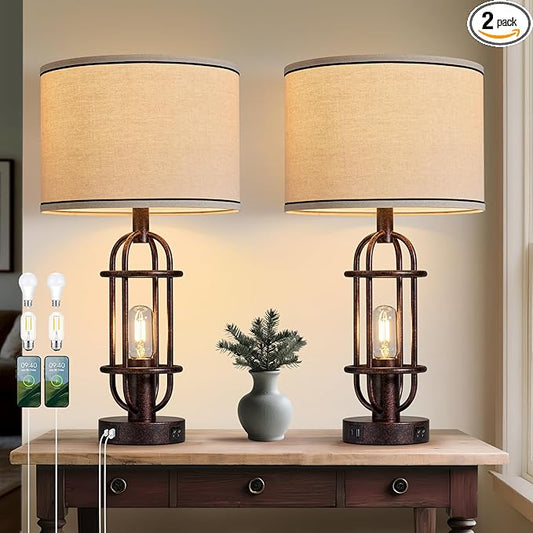 22.3" Table Lamps for Living Room Set of 2, Farmhouse Lamps for Nightstand, Vintage Table Lamps for Bedroom with USB Ports, Bulbs Included - Bloomnest