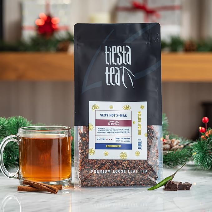 Tiesta Tea - Sexy Hot Christmas, Loose Leaf, Cocoa Chili Black Tea, Premium Blend, High Caffeinated Spicy Black, Make Hot or Iced Tea & Brews Up to 200 Cups, 16oz Resealable Bulk Pouch - Bloomnest
