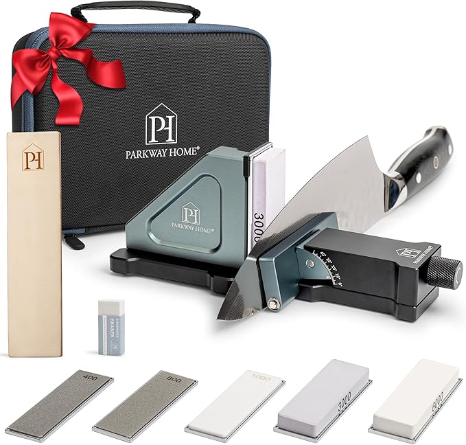 ORIGINAL ADJUSTABLE ROLLING KNIFE SHARPENER KIT: Adjustable Height, 30 Angle Options, 5 Removeable Whetstone Plates, Leather Strop with Travel Case - Kitchen Knife Sharpener - Bloomnest