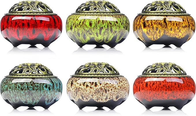 Incense Burner with Calabash Incense Stick Holder - Porcelain Charcoal Censer for Use with Resin Granular Powder Cone or Coil Incense (Kiln-Colored Red) - Bloomnest
