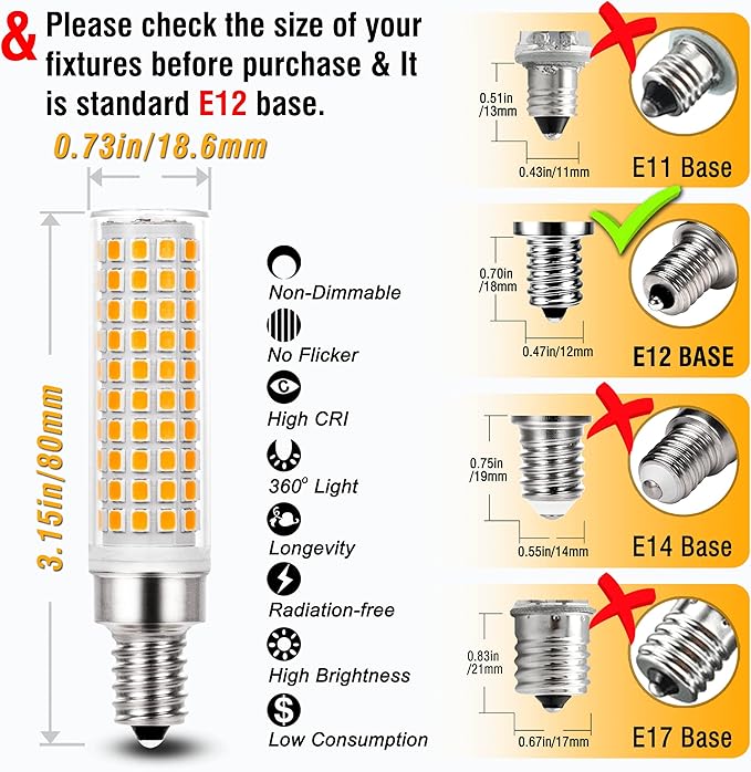 ALIDE E12 100 Watt Equivalent LED Candelabra Bulbs C7,Non-dimmable,2700K Warm White,1200LM T6 E12 10W LED Ceil Fan Light Bulbs for Chandelier Pendant Lighting,5 Pack - Bloomnest