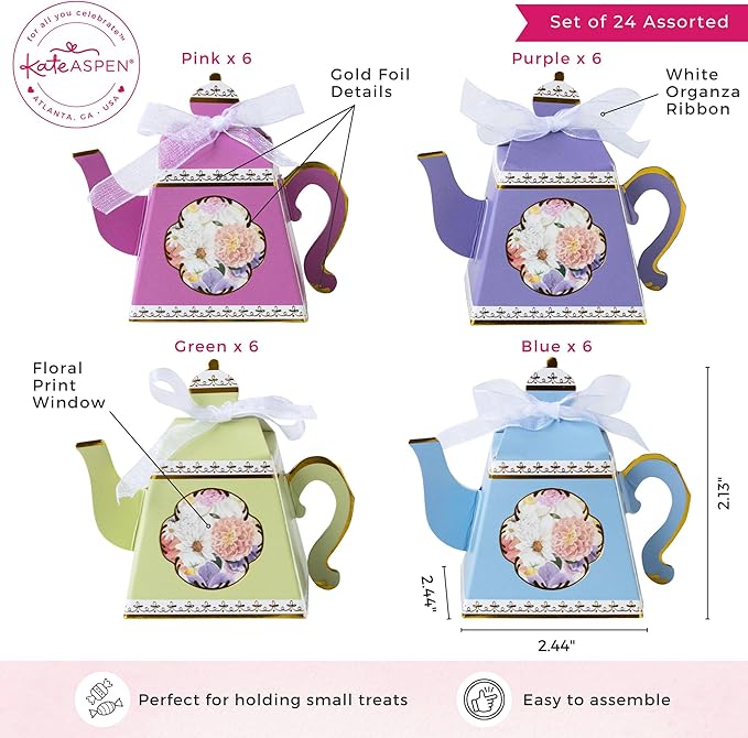 Kate Aspen Vintage Floral Tea Pot Shaped Party Favor Boxes (Set of 24 Assorted Colors) - Weddings Favors, Bridal Showers Brunches, Baby Candy Boxes, Birthday Decorations - Bloomnest