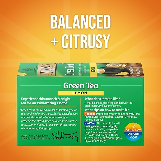 Twinings Green Tea with Lemon Individually Wrapped Bags, 20 Count (Pack of 6), Zesty Citrus Aroma & Flavour, Caffeinated, Enjoy Hot or Iced, 120 Teabags - Bloomnest