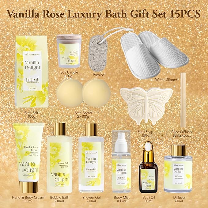 Spa Gifts for Women, 15Pcs Vanilla Rose Women Spa Gift Baskets w/Body Mist, Diffuser, Bath Bomb. Relaxing Bath Sets, Mothers Day Gifts for Mom, Unique Birthday Gift Basket - Bloomnest