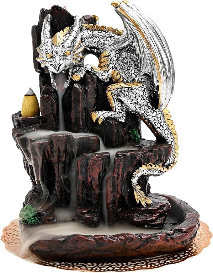 Dragon Backflow 2 Sided Mountain Waterfall Incense Burner,Fountain Smoke Incense Holder with Backflow Incense Cones, Tweezers, Mat，Resin Aromatherapy Meditationvaiuk (Silver) - Bloomnest