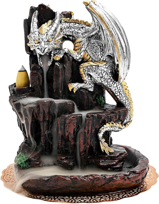 Dragon Backflow 2 Sided Mountain Waterfall Incense Burner,Fountain Smoke Incense Holder with Backflow Incense Cones, Tweezers, Mat，Resin Aromatherapy Meditationvaiuk (Silver) - Bloomnest