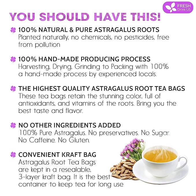 FreshDrinkUS, Premium 75 Astragalus Root Tea Bags, 100% Natural & Pure from Astragalus Root. Astragalus Root Herbal Tea. Made with Natural Material Tea Bags. No Sugar, No Caffeine, No Gluten, Vegan. - Bloomnest