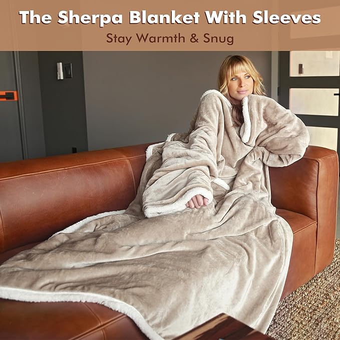Tirrinia Sherpa Wearable Blanket With Sleeves, Full Body Throw Reading Wrap TV Blankets - Bloomnest